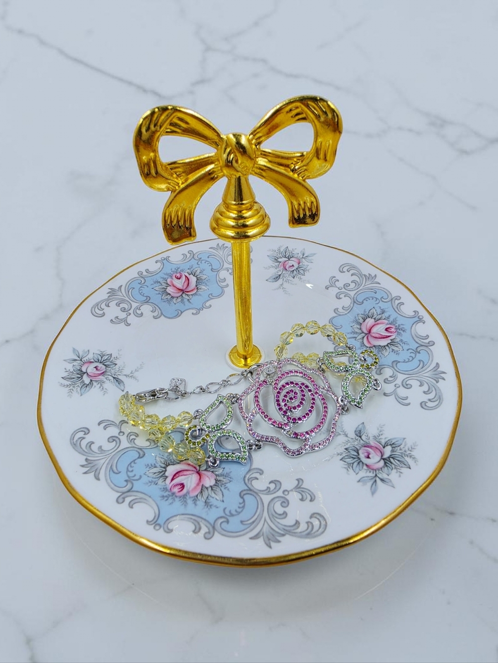 Queen Anne Pink Rose Jewelry Dish with Gold Tone Ribbon Handle